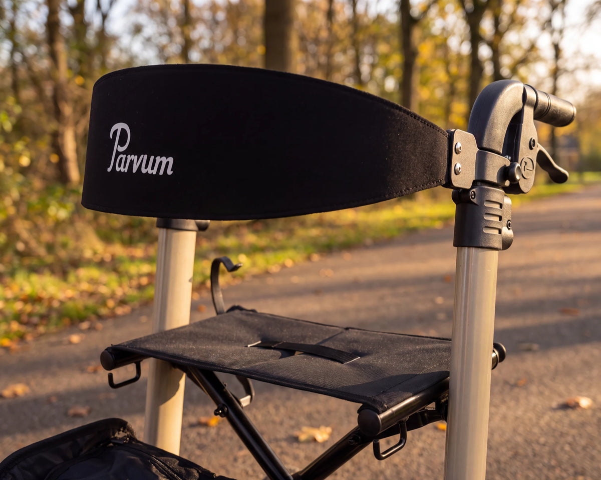 Close-up of the backrest with the Parvum wordmark and the seat of the Parvum Luxo Air in champagne.
