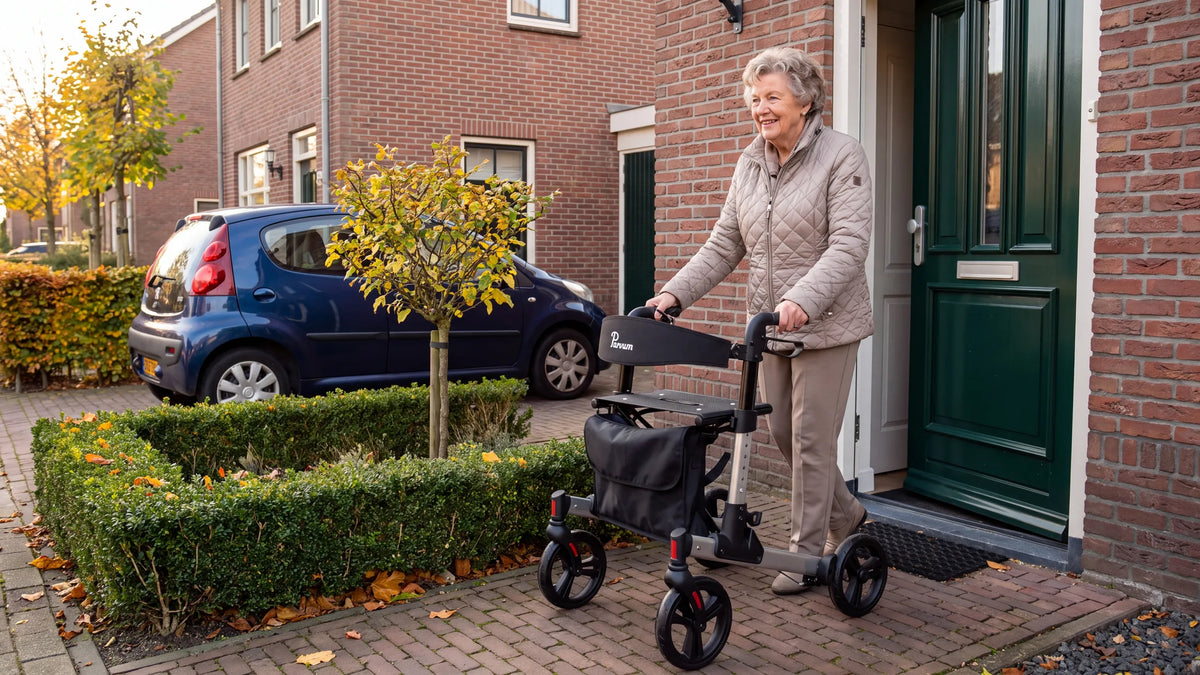 Parvum Riva in gray by a green front door; a woman with gray curls stands with the rollator on the garden path.