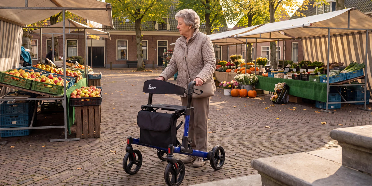 Parvum Riva in blue at a weekly market; a woman with gray curls stops at a stall with apples.