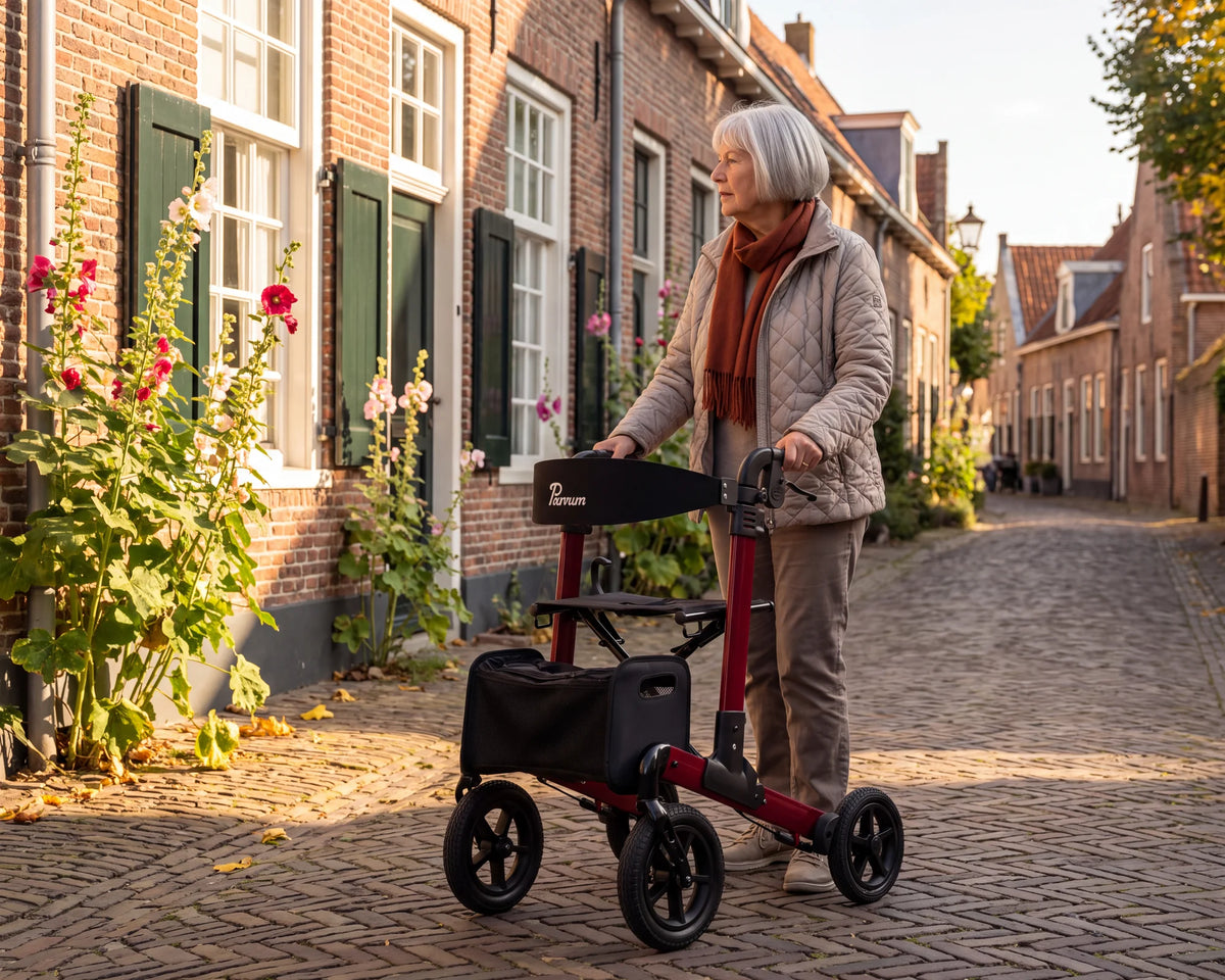 Parvum Luxo Air in ruby red on a lane with old houses and hollyhocks; a woman stands still with the rollator.