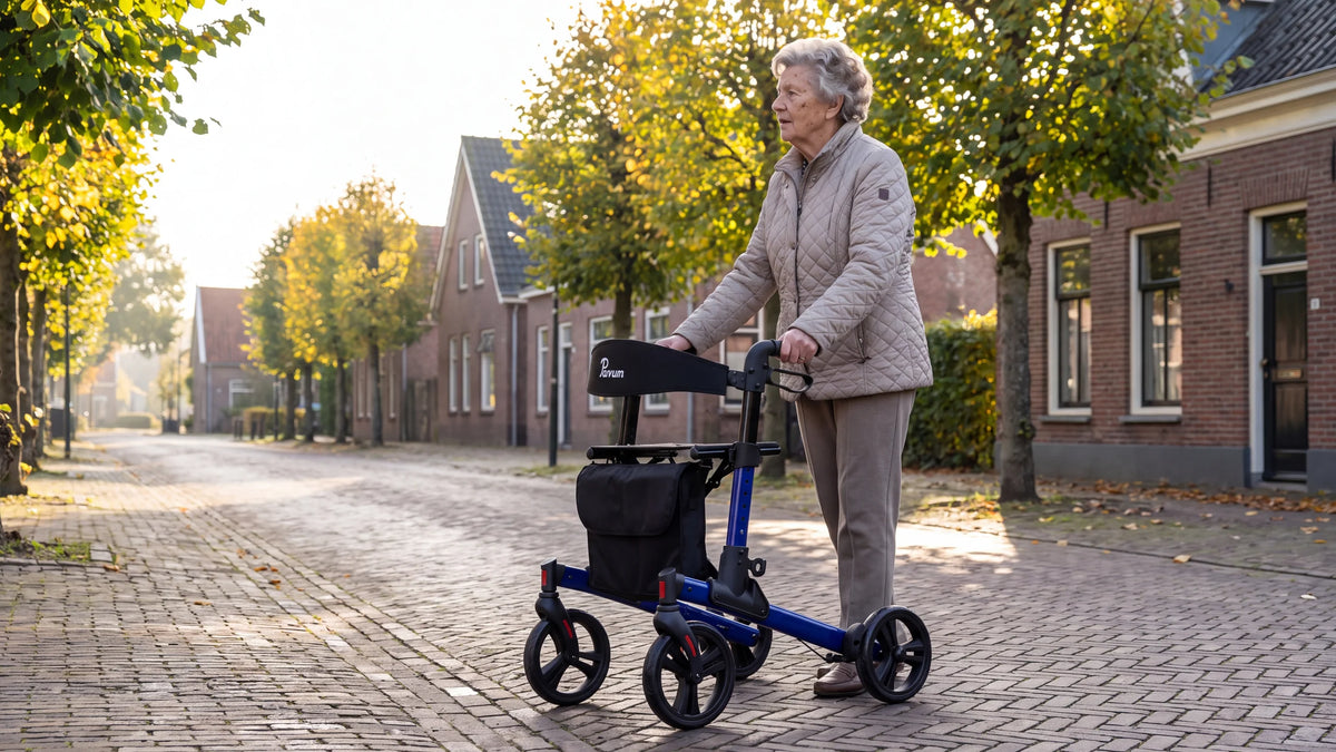 Parvum Riva in blue on a village street in the morning sun; a woman with gray curls stops for a moment.