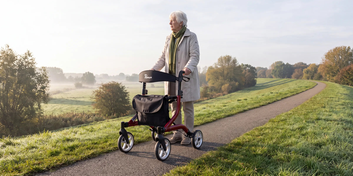 Parvum SuperLight in red on a dike in the morning mist; a woman stops for a moment and looks out over the meadows.