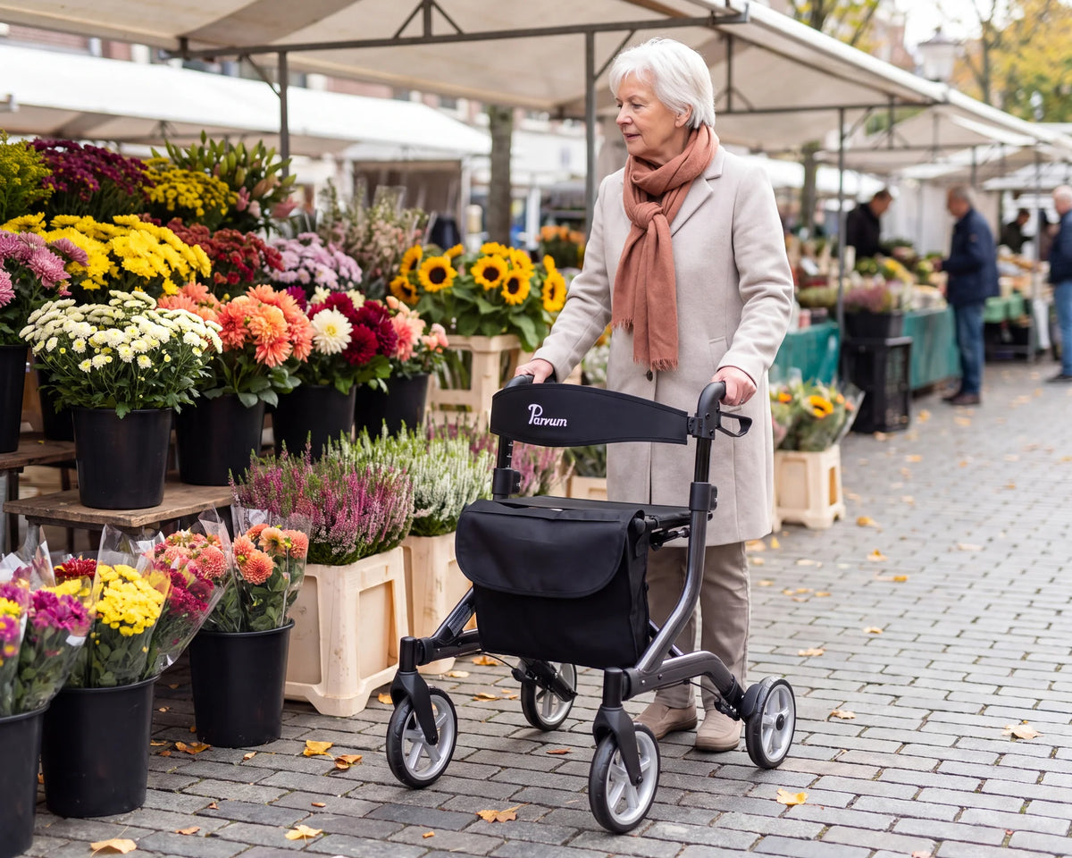 A woman with a Parvum rollator at a flower stall on a market